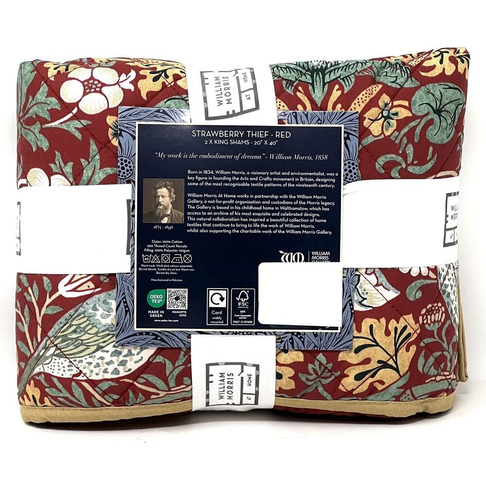 William Morris Strawberry Thief Red King Quilted Pillow Shams Set Pair Of 2 - Picture 8 of 11